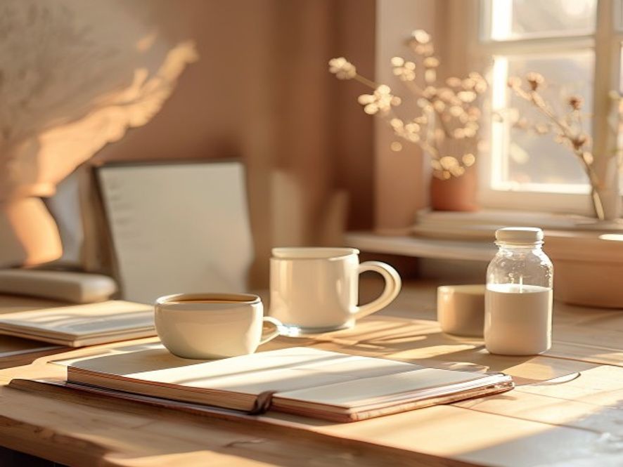 Clean workspace with ergonomic chair, organized desk materials, and a cup of water by morning light