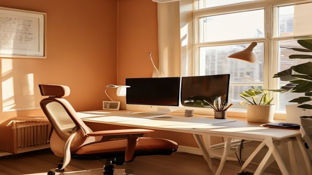 Bright ergonomic workspace with proper desk setup, natural lighting, and comfortable seating