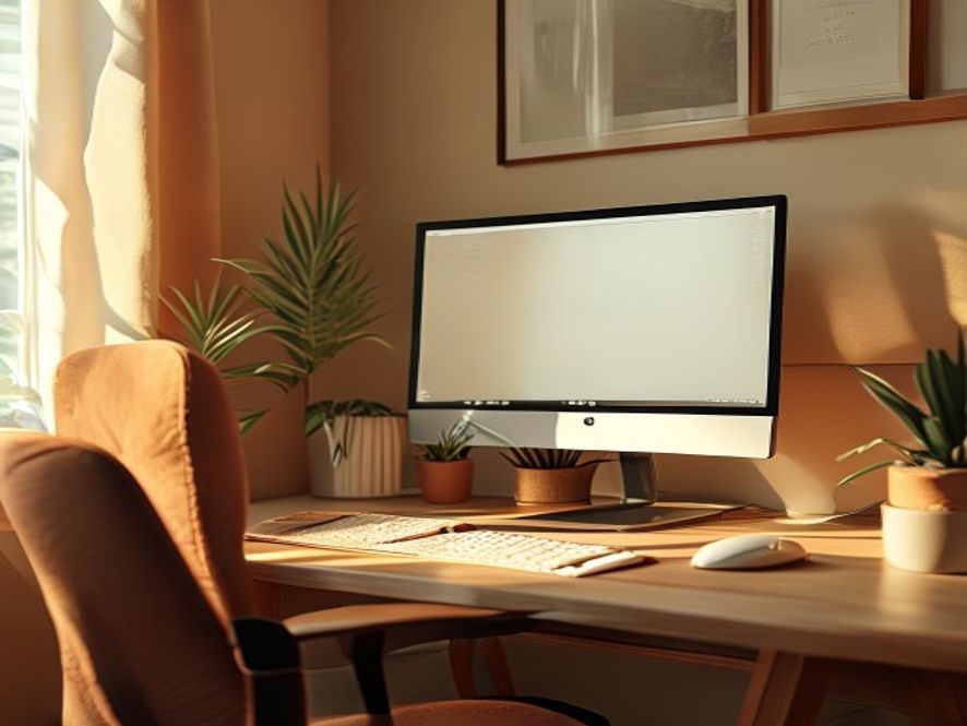 Person at desk demonstrating proper posture with aligned spine, relaxed shoulders, and ergonomic positioning